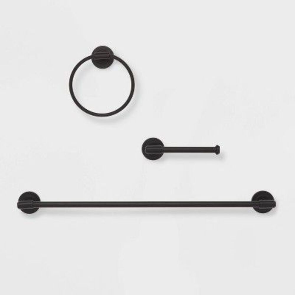 Threshold 3-Piece Matte Black Bathroom Hardware Set Towel Bar Ring Tissue